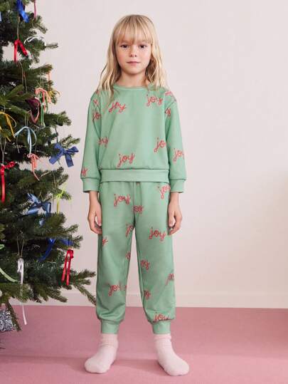SHEIN Young Girl Christmas & New Year Holiday Green Letter Print Crew Neck Long Sleeve Sweatshirt And Sweatpants Casual Outfit, Autumn/Winter