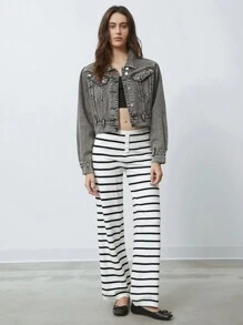 SHEIN EZwear Calças femininas listradas minimalistas com botões frontais e cintura baixa, uso diário casual - Preto e Branco - Ver 3