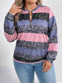 SHEIN LUNE Áo nỉ sọc dài tay có khóa kéo phía trước cỡ lớn, mặc thường ngày - Nhiều màu - Xem 3