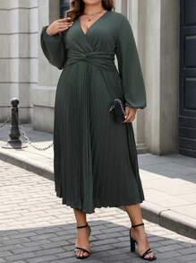 Vionelle Elegantes dunkelgrünes V-Ausschnitt plissiertes Langarm-Maxikleid in Große Größen für Damen, Herbstoutfit, einfarbige Kleidung für Urlaub und Pendeln im Herbst für Frauen - Armeegrün - Übersicht 3