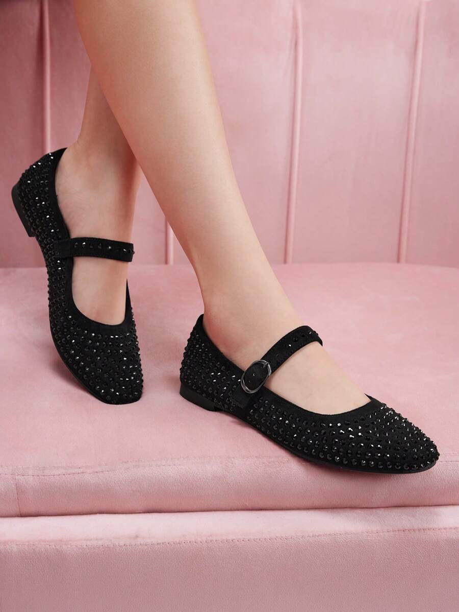CUCCOO DOLLMOD Women's Fashion Black Mary Jane Rhinestoned Flats, Commuting, Dating, Party, Holiday, Campus, Sweet For And Vibe And Spring Shoes Spring Break Easter For Christmas Spring Shoes - Black - View 1