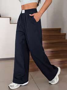 SHEIN EZwear Pantalones rectos casuales y sueltos de color negro, para primavera/verano - Azul Marino - Ver 6