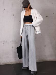 Hanevo 女士休闲保暖内衬撞色腰带设计阔腿裤，秋冬 - 淺灰色 - 查看 5
