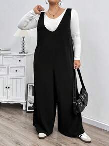 SHEIN CURVE+ Kombinezon damski Curve Plus Size z dekoltem w serek i luźnymi kieszeniami Palazzo, swobodny na jesień