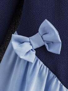 SHEIN Elladie kids Young Girl Color-Block Round Neck Long Sleeve Bow Decor Cute Dress For Autumn - Blue - View 5