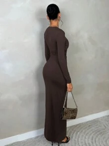 SHEIN BAE 优雅女士秋季外出和日常穿着服装：不对称镂空长袖连衣裙、长袖短款上衣、俱乐部服装 - 咖啡棕 - 查看 2