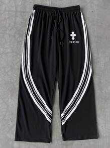 Manfinity EMRG Pantalones de chándal casuales para hombre con unicolor, parches, cordón delantero y estampado gráfico de letras, para ir de vuelta a la escuela, ideal como regalo para el esposo o novio