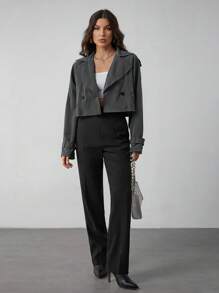 SHEIN Tall Women's Solid Color Turndown Collar Double Breasted Casual Trench Coat, Spring Autumn - Dark Grey - View 7