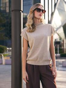 BizChic Women's Casual Solid Color Stand Collar Short Sleeve Knit Top, Autumn - Grey - View 4