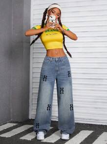 SHEIN ICON Jeans de pierna recta con lavado vintage y bordado de letra - Azul lavado medio - Ver 6