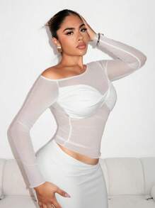 Zolique Camiseta sexy para mujer con manga larga, hombro oblicuo, malla y retorcido transparente