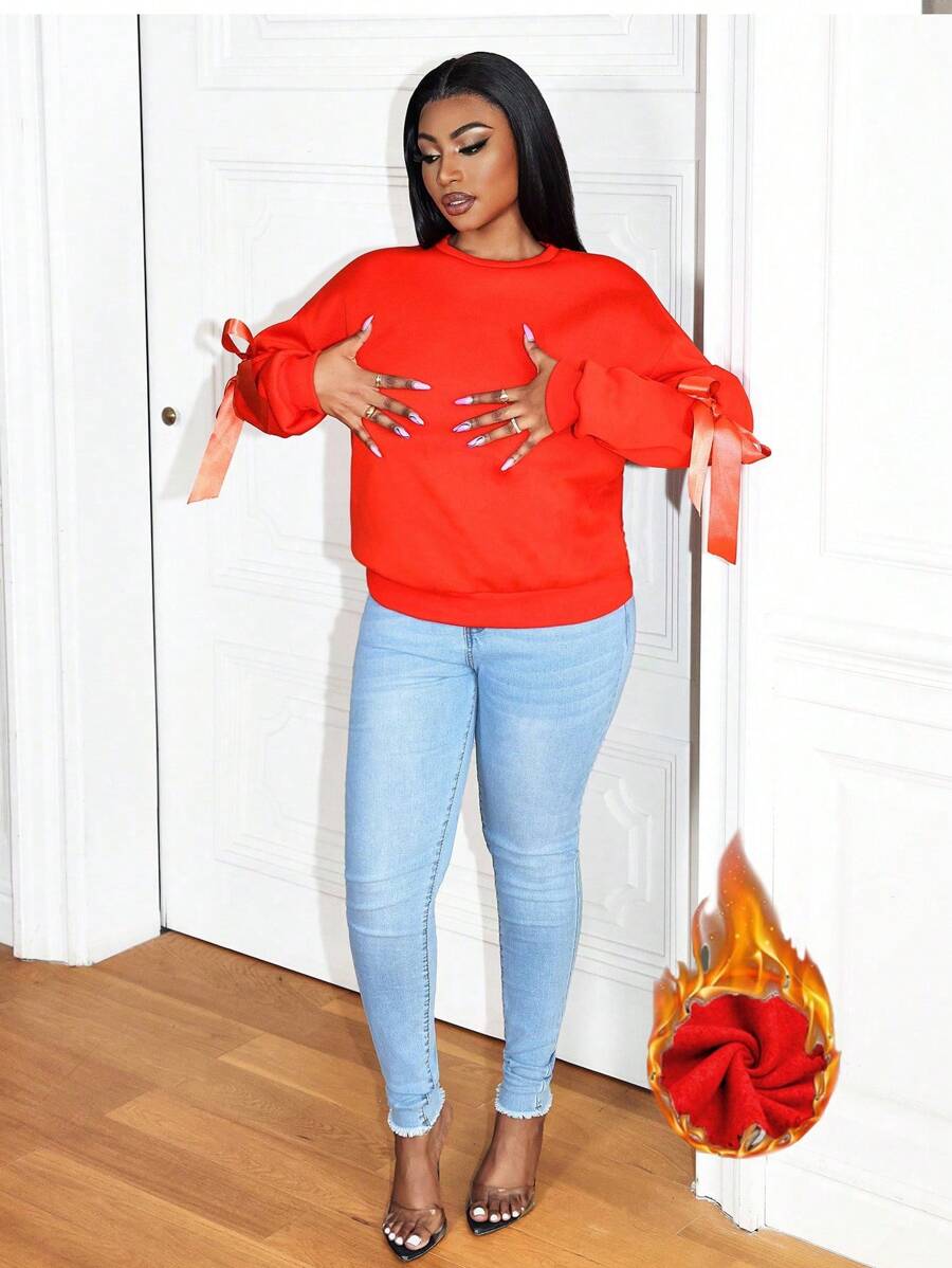 Zolique Women's Solid Color Crew Neck Luxury Elegant Ribbon Bow Design Sweatshirt Winter Women Clothes Christmas Sweatshirt Christmas Sweater Thermal Pullover Fall Outfit