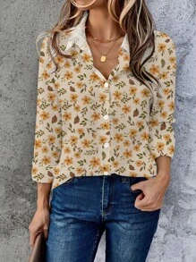 EMERY ROSE Casual Minimalist Floral Pattern Loose Cardigan Shirt For Women, Suitable For Autumn & Winter