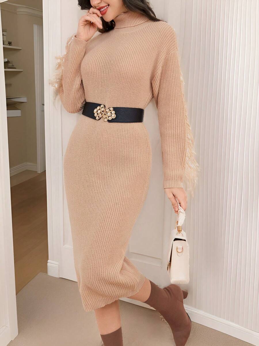Seusyu Women Solid Color Turtleneck Fringe Trim Long Sleeve Sweater Dress Fall Cloth For Women - Apricot - View 1