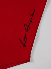 Manfinity Homme 男士圆领短袖字母图案印花休闲 T 恤 - 紅色 - 查看 5