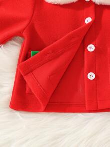 Conjunto de 3 piezas para niña: Chaqueta holgada casual, dulce y linda con cuello Peter Pan, diseño de lazo y contraste de color esponjoso, boina y minifalda, adecuado para uso diario, viajes, reuniones festivas, otoño/invierno, para Navidad