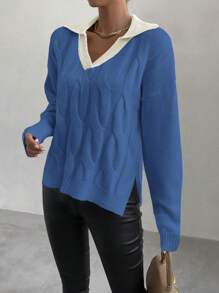 SHEIN LUNE Sweater Rajut Minimalis Lengan Panjang Motif Blok Warna untuk Wanita, Kasual untuk Pemakaian Sehari-hari di Musim Gugur dan Musim Dingin. - MultiWarna - View 4
