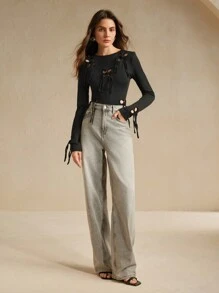 Anewsta 女款弹力镂空扭纹长袖T恤，秋冬春季款 - 黑色 - 查看 1