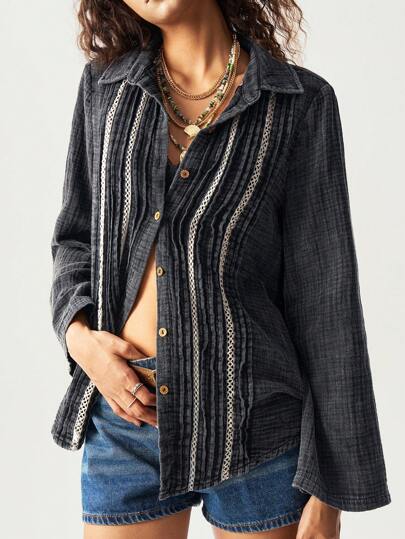 Bohemela 休闲纯色编织翻领前开宽松女式衬衫
