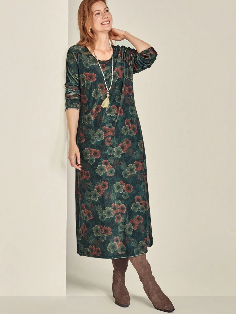 SHEIN Clasi Plus Size Women Floral Print Long Sleeve Dress, Vacation Style, Spring & Autumn Fall Cloth For Women - Multicolor - View 1