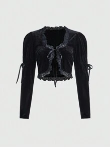 ROMWE Goth 天鹅绒对比蕾丝系带前短款上衣，学校 - 黑色 - 查看 1