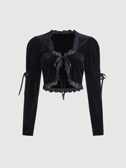 Goth Crop Top aus Samt mit kontrastierendem Spitzenbesatz und Krawattendetail, Schule