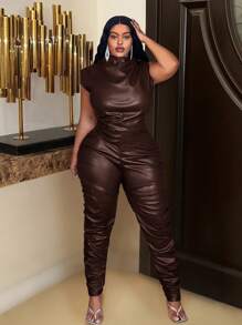 Slaydiva Plus Size Asymmetric Hem Ruched High Neck Sleeveless Top And Skinny PU Pants 2 Pieces Set, Brown Color, Autumn/Winter - Brown - View 1