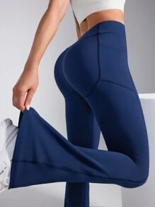 Yoga Basic Soft & Warm Fleece Phone Pocket Side Flared Leg Sweatpants - Army Green - View 3