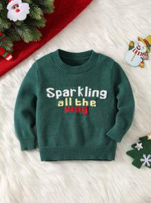 SHEIN Suéter ligero de cuello redondo con patrón bordado de temática navideña, estilo navideño elegante adecuado para fiesta de otoño/invierno, para bebé niño o niña - Verde - Ver 4