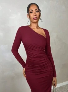 SHEIN BAE Conjunto de ropa de mujer para otoño: Vestido elegante para salir/fiesta - Vestido con corte asimétrico, Blusa de manga larga, Blusa ajustada de manga larga