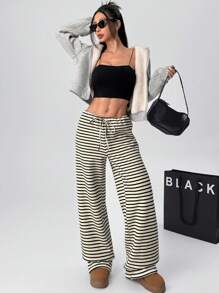 SHEIN EZwear 女式条纹直筒宽松休闲裤，腰部抽绳，保暖内衬 - 黑與白 - 查看 7