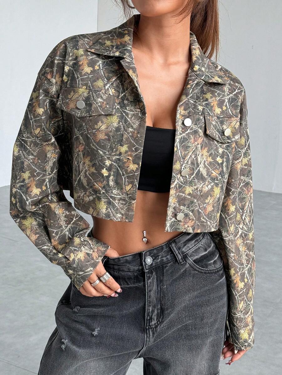 SHEIN EZwear Women's Fashion Plant Print Cropped Jacket For Autumn - Army Green - View 1