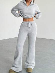 SHEIN EZwear Bộ 2 áo nỉ trơn màu đơn giản và quần nỉ cho nữ, mùa thu/đông - Xám - Xem 1