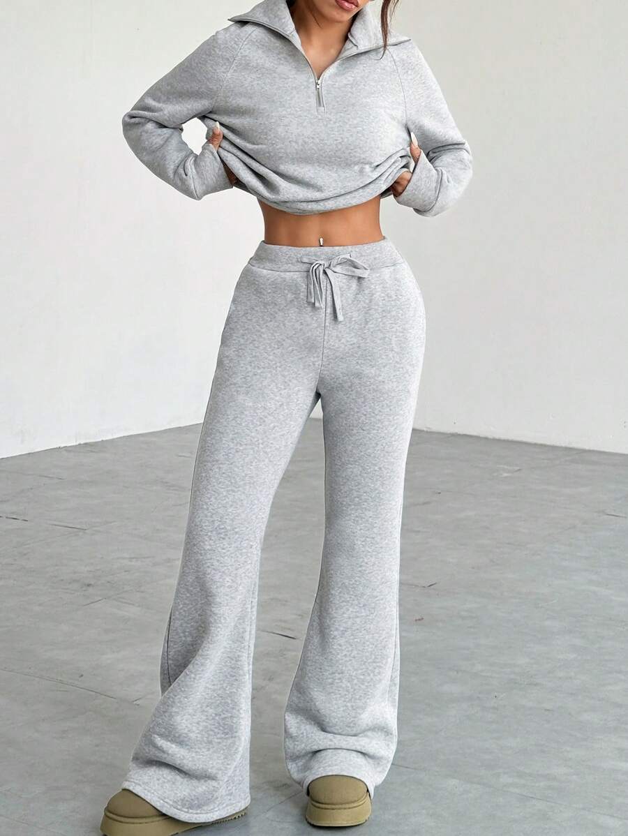 SHEIN EZwear Bộ 2 áo nỉ trơn màu đơn giản và quần nỉ cho nữ, mùa thu/đông - Xám - Xem 1