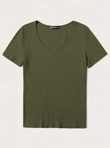 SHEIN Essnce Women Solid V-Neck Short Sleeve Simple Casual Top, Daily Wear - Army Green - View 3
