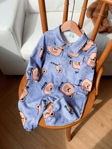 SHEIN 男婴休闲可爱趣味小熊图案牛仔布效果宽松落肩针织连体衣，适合秋冬季节穿着，室内外皆可。 - 藍色 - 查看 5