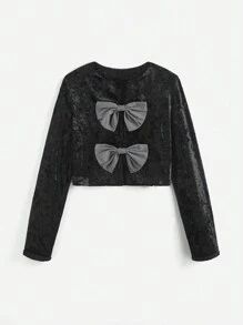 SHEIN EZwear Women Elegant Velvet Bow Decor Cropped Jacket, For Autumn
