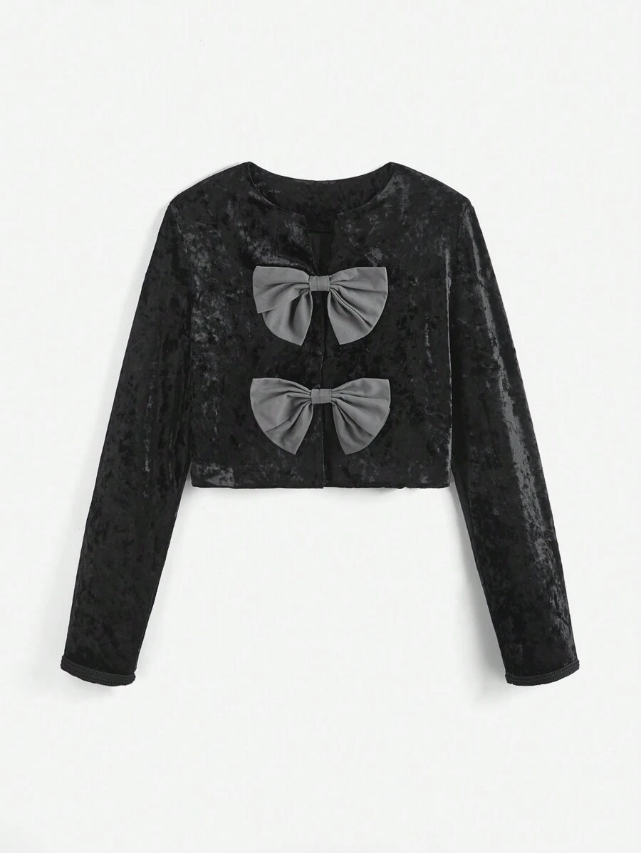 SHEIN EZwear Women Elegant Velvet Bow Decor Cropped Jacket, For Autumn