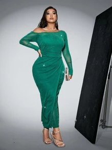 Viva Relle Plus Size Elegant Fitted Asymmetric Collar Dress, Suitable For Autumn - Green - View 3
