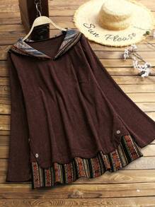 SHEIN 大码女式随机条纹印花拼布连帽长袖衬衫 - 咖啡棕 - 查看 1