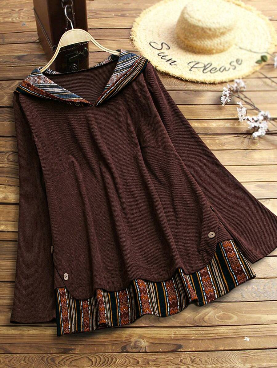 SHEIN 大码女式随机条纹印花拼布连帽长袖衬衫 - 咖啡棕 - 查看 1