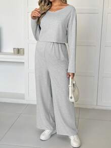 SHEIN 2pcs Maternity V-Neck Crop Top And Wide Leg Pants Set, Simple And Comfortable - Light Grey - View 1