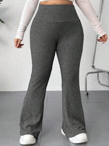 SHEIN PETITE CURVE Plus Size Casual Simple Gray Wide Waist Flared Sweatpants - Dark Grey - View 5