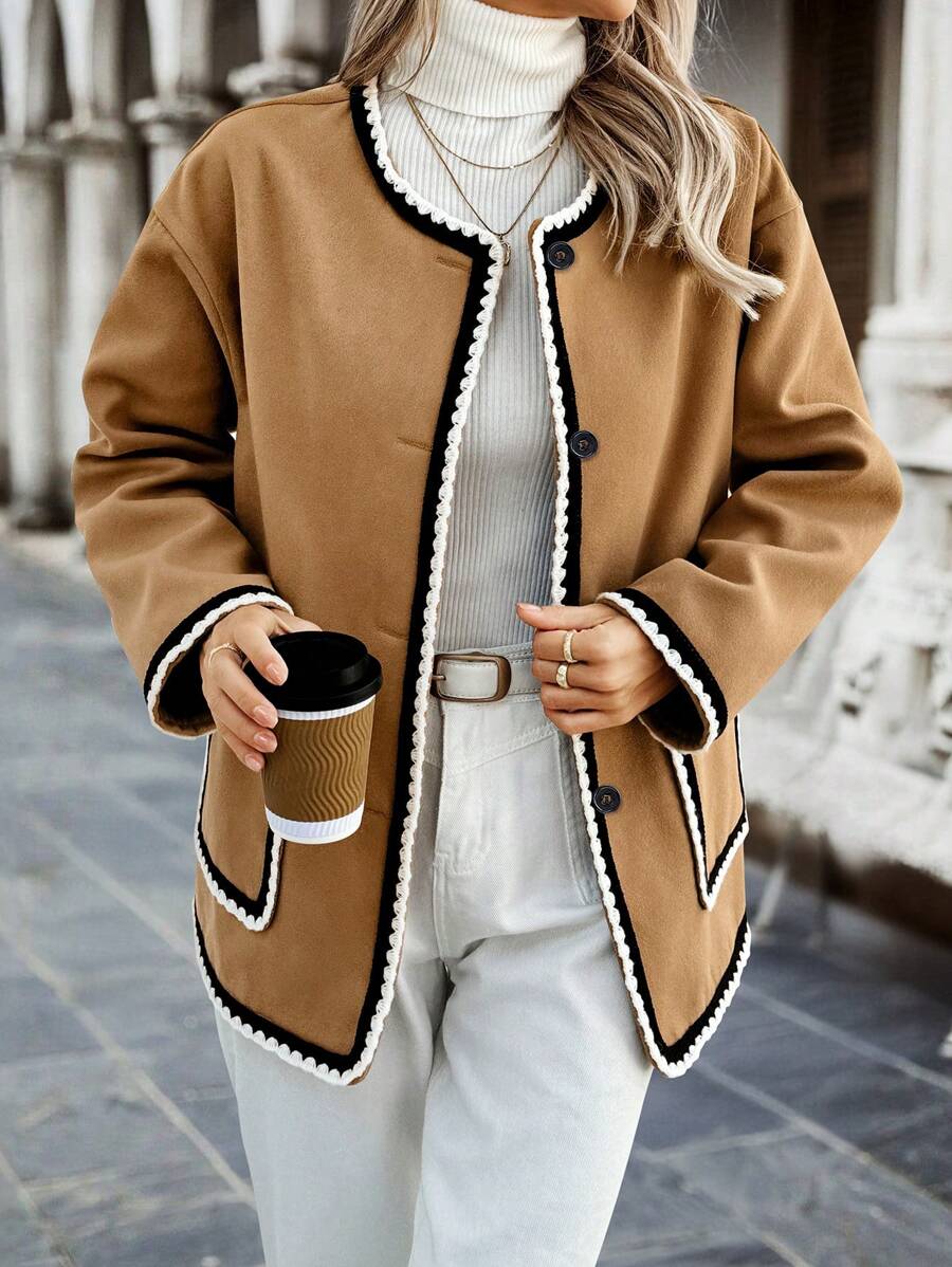 SHEIN Clasi 女式秋冬拼接缎带落肩长袖单排扣休闲大衣 - 駝色 - 查看 1