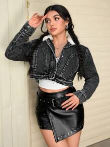 SHEIN EZwear 女士纯色蓬松领子拼布拉链圣诞节女士感恩节女士休闲长袖牛仔夹克 - 黑色 - 查看 6
