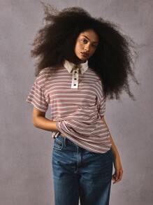 Athîral Women's Striped Printed Button Casual Versatile Short Sleeve Top - Burgundy - View 2