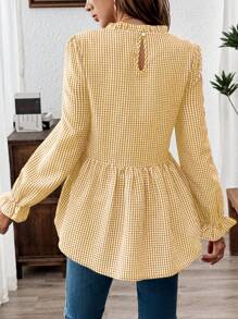SHEIN LUNE Neckline Ruffle Hem Gingham Long Sleeve Casual Blouse With Frilled Edges On The Sleeves And Collar