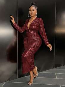 Slaydiva 大码优雅宴会礼服，深 V 领，长袖，收腰，褶皱纯色，适合秋冬季 - 酒紅色 - 查看 6