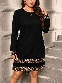 SHEIN CURVE+ Đầm cổ tròn tay dài họa tiết da báo thường ngày cỡ lớn dành cho nữ, mùa thu - màu đen - Xem 5