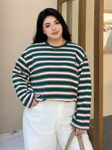 Dazy Plus 宽松条纹圆领长袖 T 恤，春夏秋装，秋季女装 - 綠色 - 查看 5